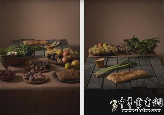 左边铺着桌布的是富人的食物,右边餐桌上的是穷人的食物